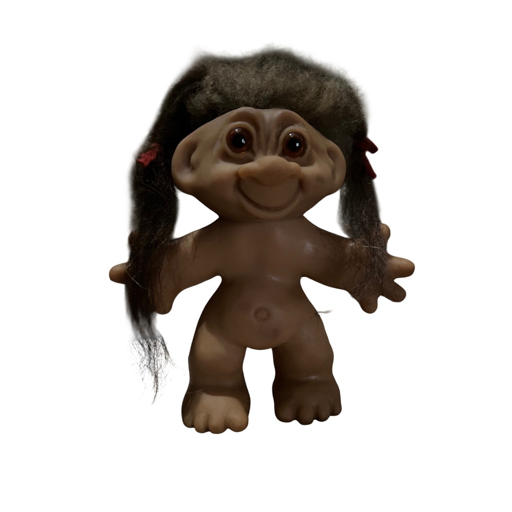 Vintage Thomas Dam Troll Doll Denmark Tan Pigtails Sheepskin Hair Collectible